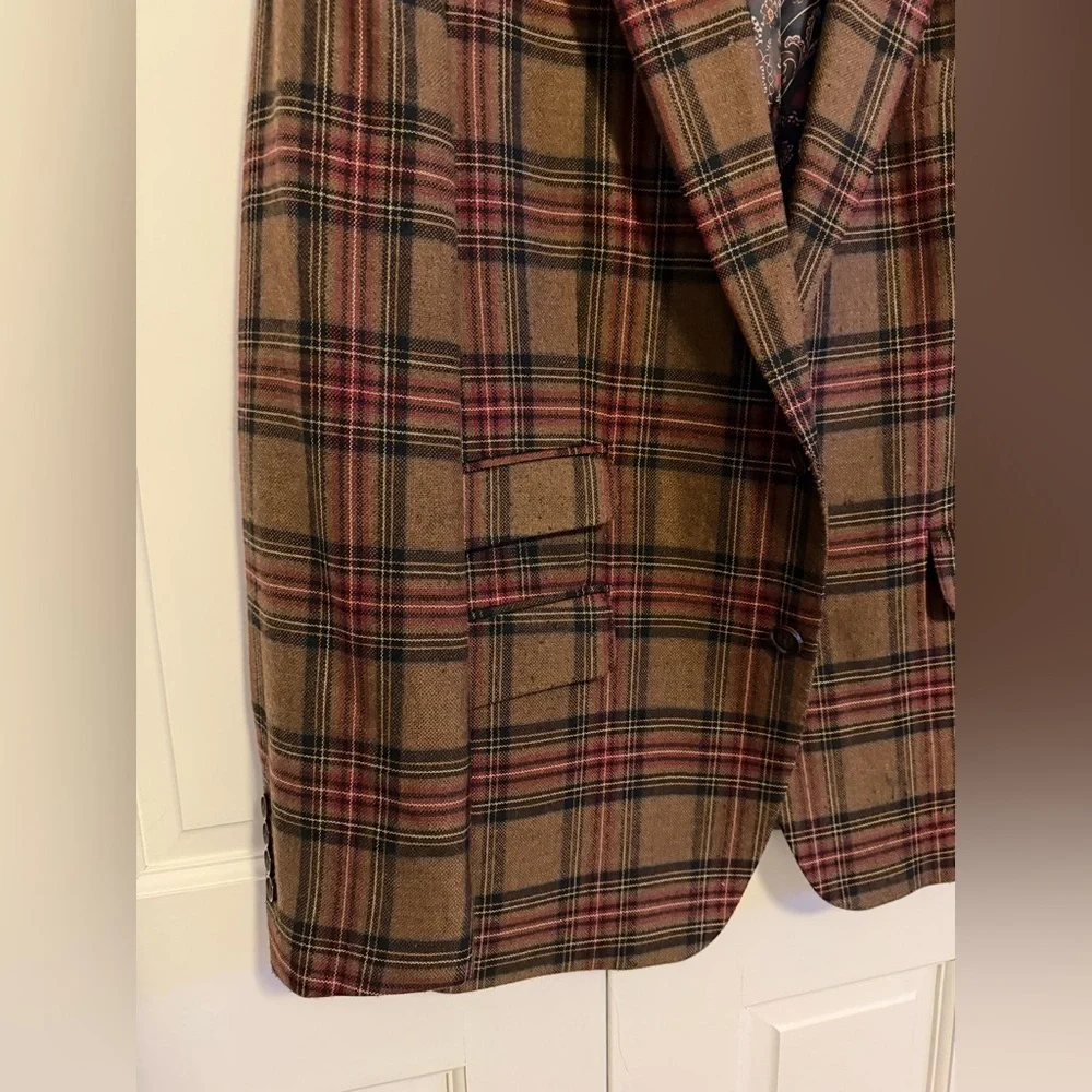 Tallia Men's Slim Fit Tartan Sport Blazer 46R Wool Blend Suede Collar